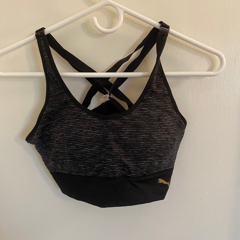Padded Black/White Marl Puma Sports Bra with criss cross straps, Size M, GUC
